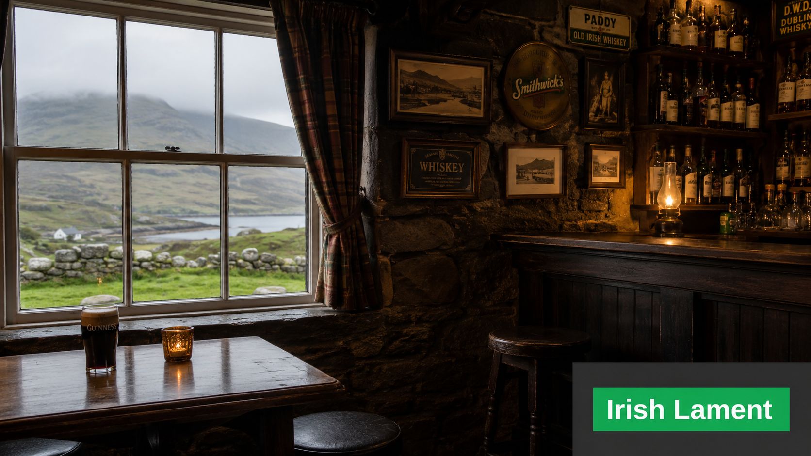 A cozy, dimly lit traditional Irish pub interior featuring a view of green mountains and a bay.