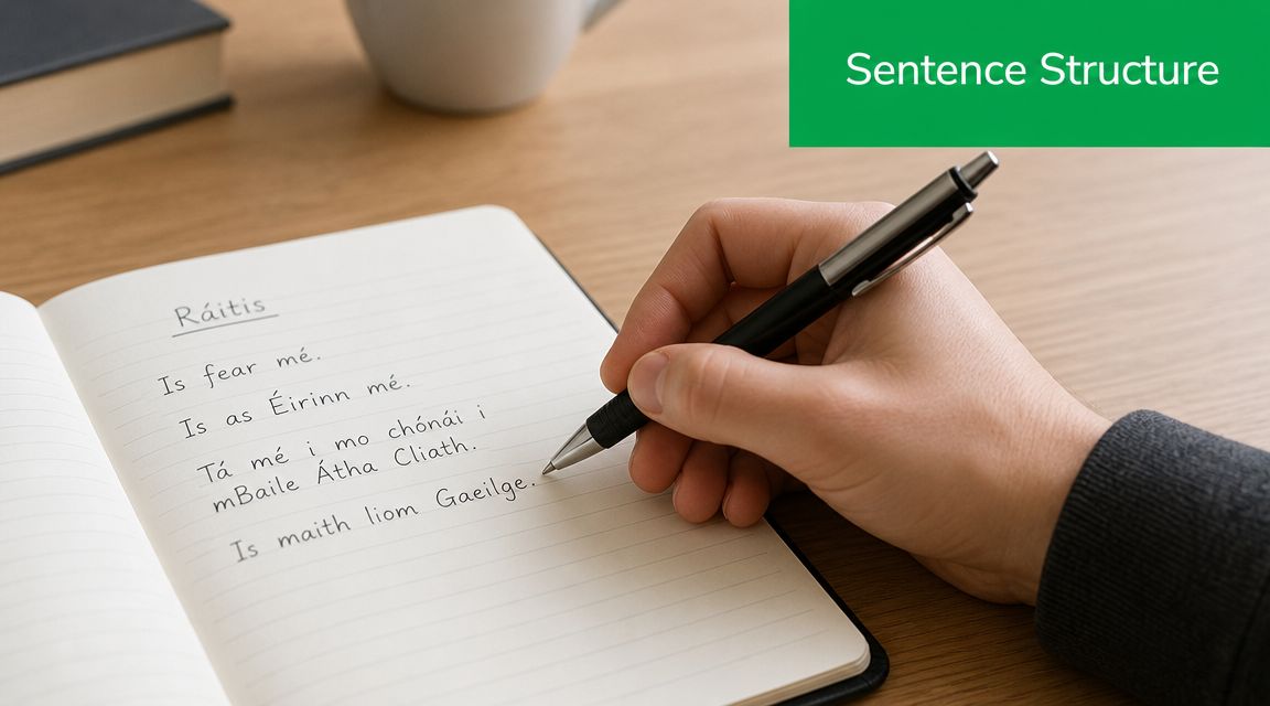 A person writing Irish language sentences in a notebook while learning about sentence structure.