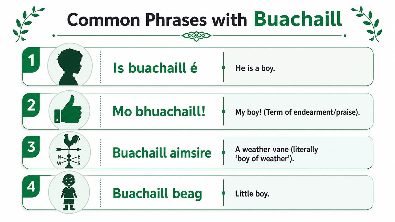 An infographic list showing four common Irish phrases using the word buachaill with translations and icons.