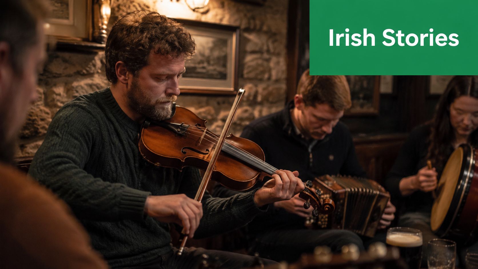 A group of Irish musicians performing traditional folk music with a violin and accordion in a pub.