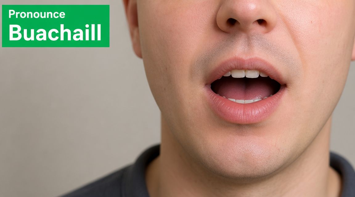 A close-up view of a person's mouth partially open, with the text Pronounce Buachaill above.