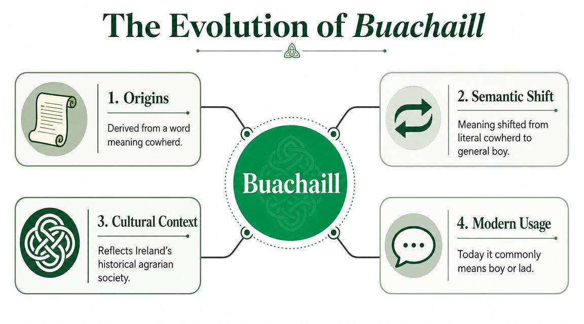 A four-step infographic illustrating the historical evolution and linguistic shift of the Irish word Buachaill.