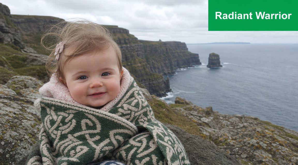 A happy baby girl wrapped in a green Celtic-patterned blanket while sitting on a rugged coastal cliff.