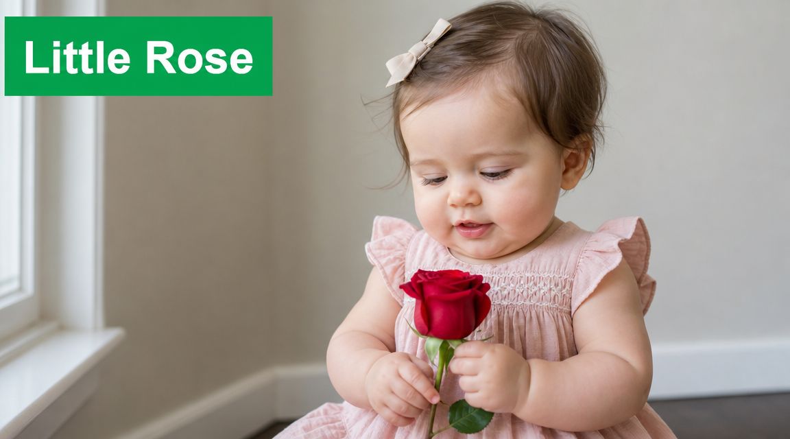A cute baby girl in a pink dress holding a single red rose, reflecting sweetness and innocence.