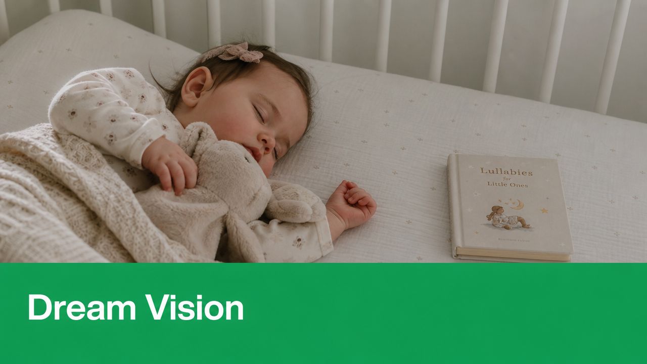 A peaceful baby girl sleeping soundly in a crib while holding a stuffed animal next to a book.