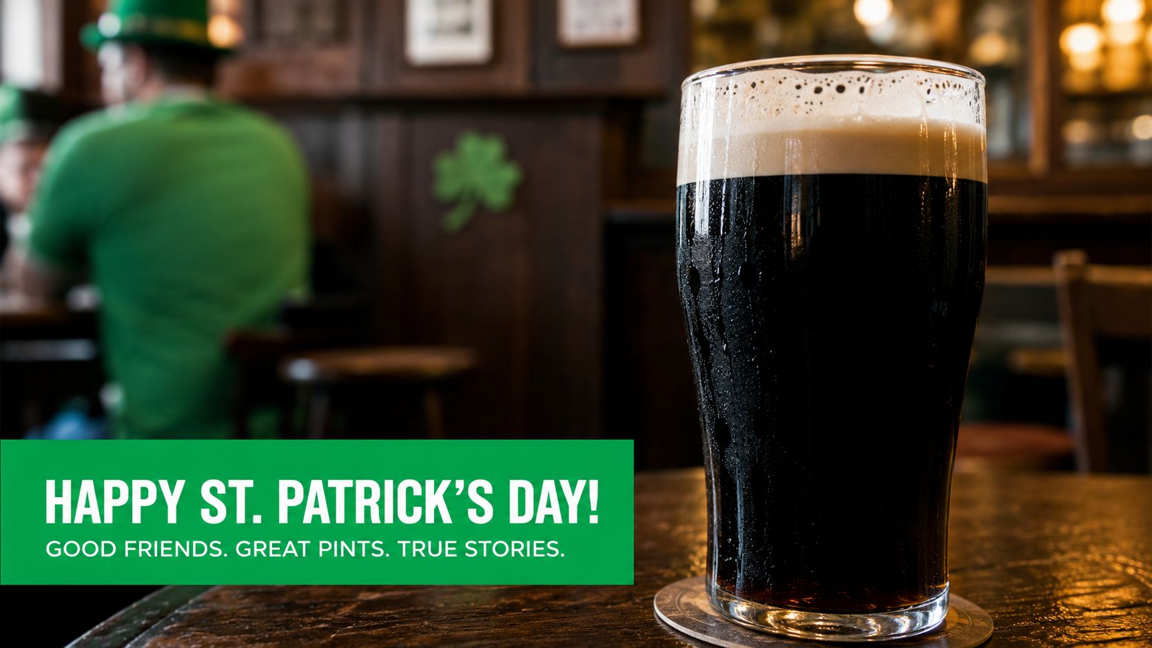 A festive pint of Guinness sits on a wooden table in a cozy Irish pub, celebrating St. Patrick's Day.