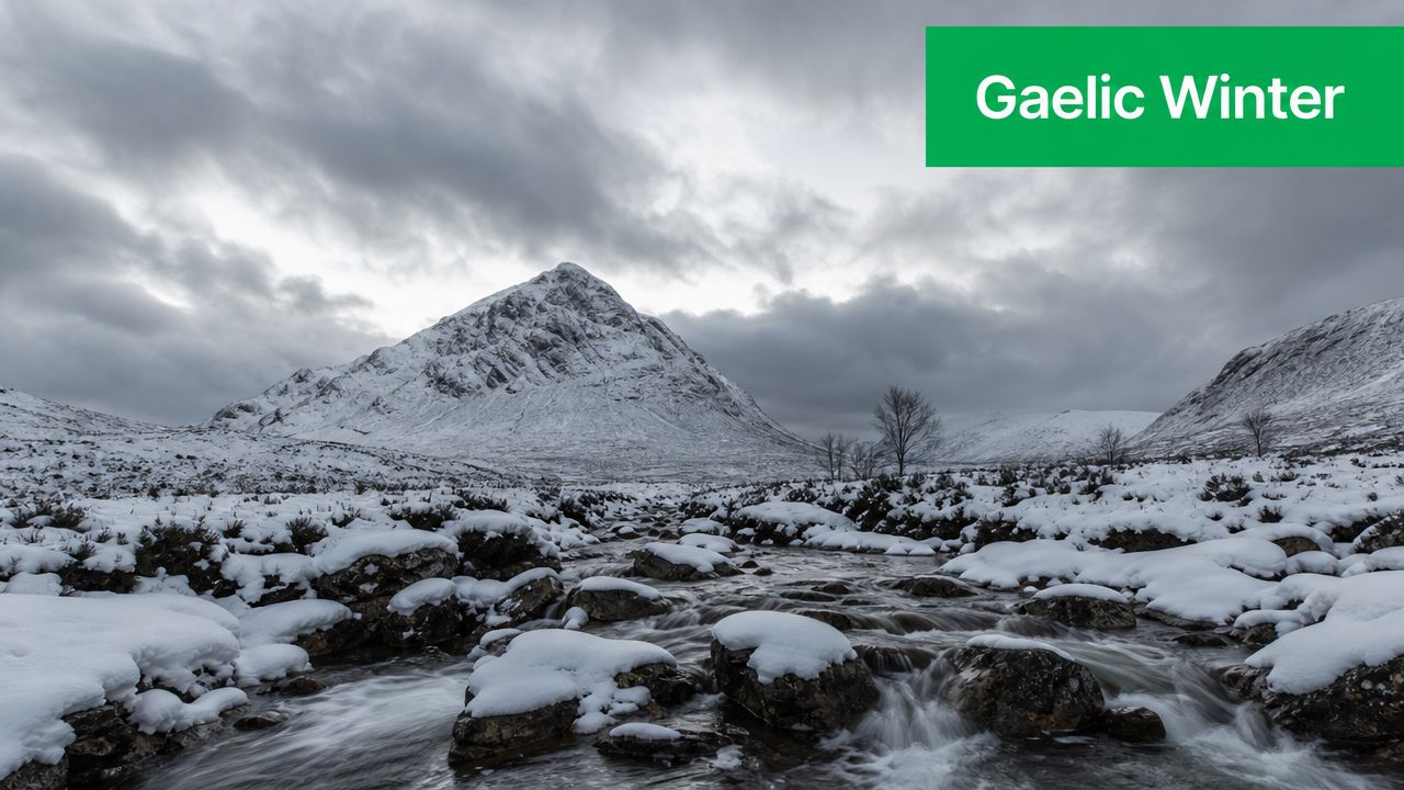 A snow covered mountain landscape in Scotland with a flowing stream in the foreground under cloudy skies.