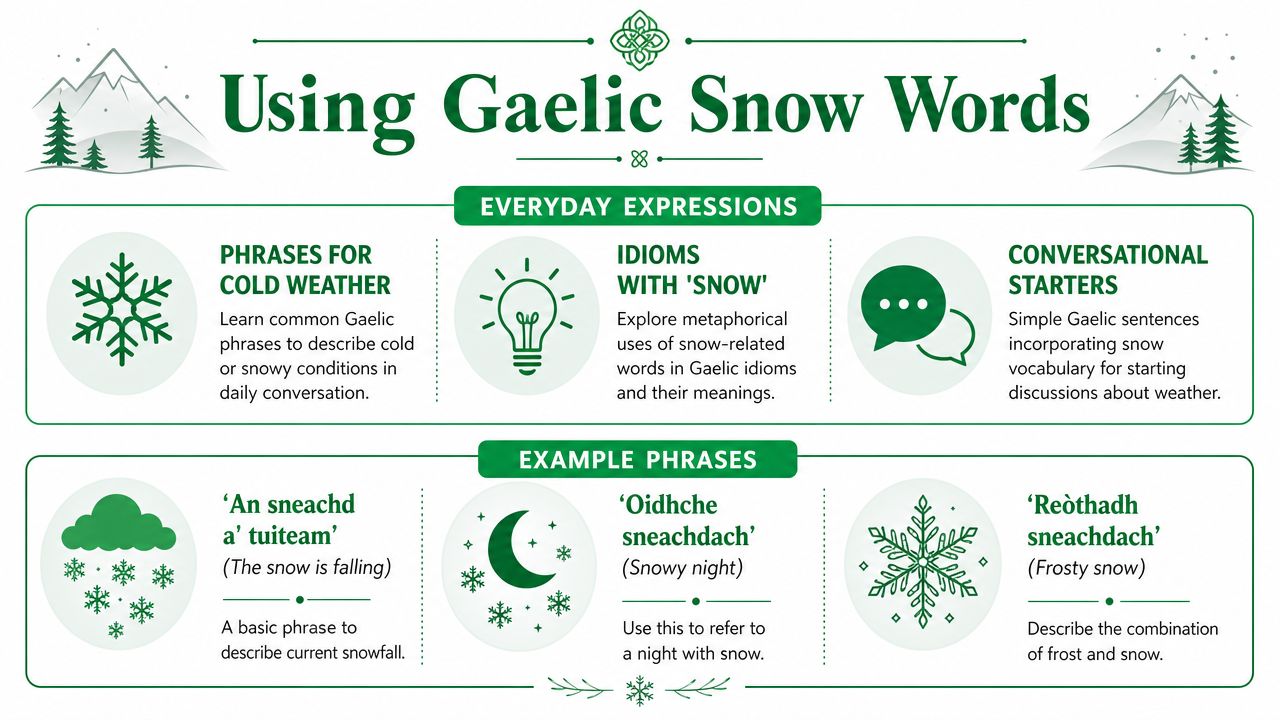 An infographic titled Using Gaelic Snow Words, showcasing common phrases and examples with thematic winter icons.