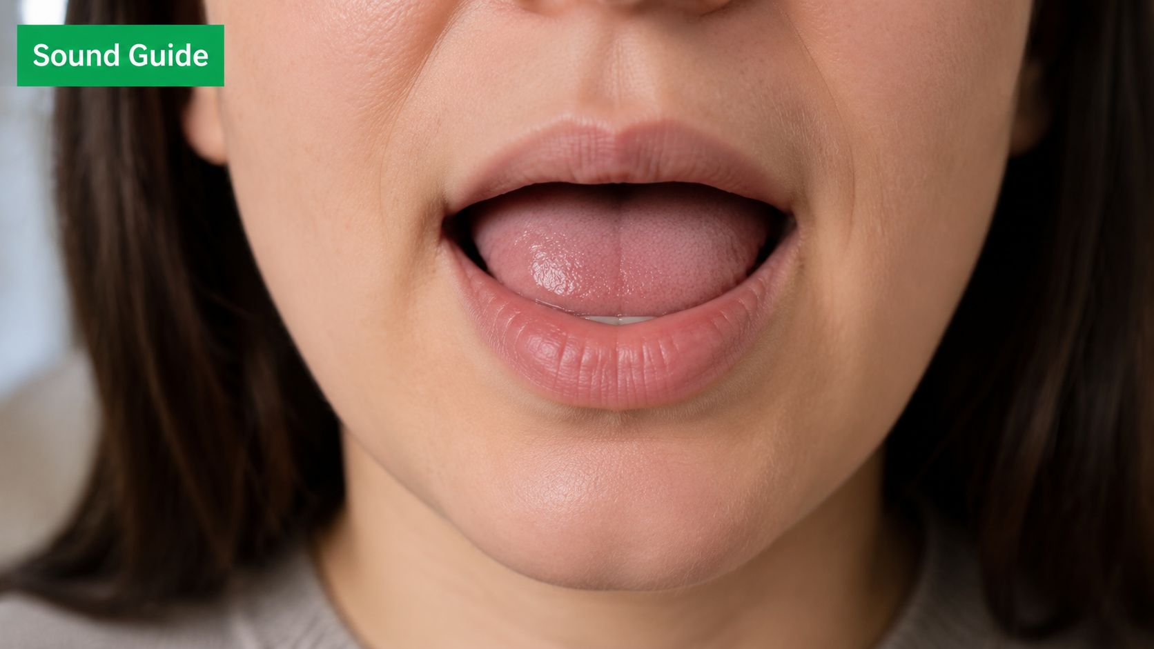 A close up view of a woman's mouth as she demonstrates proper tongue placement for pronunciation.