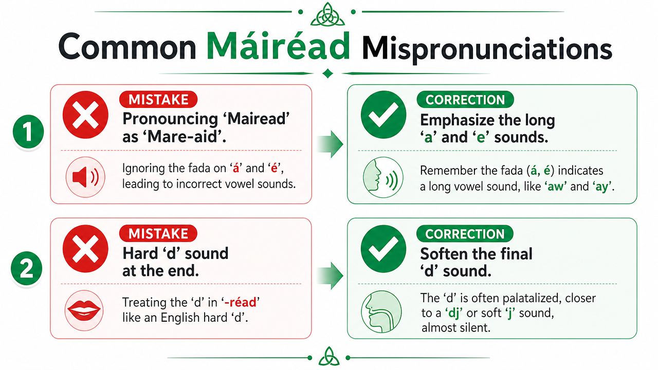 An infographic detailing two common mispronunciations of the Irish name Mairead and how to correct them.
