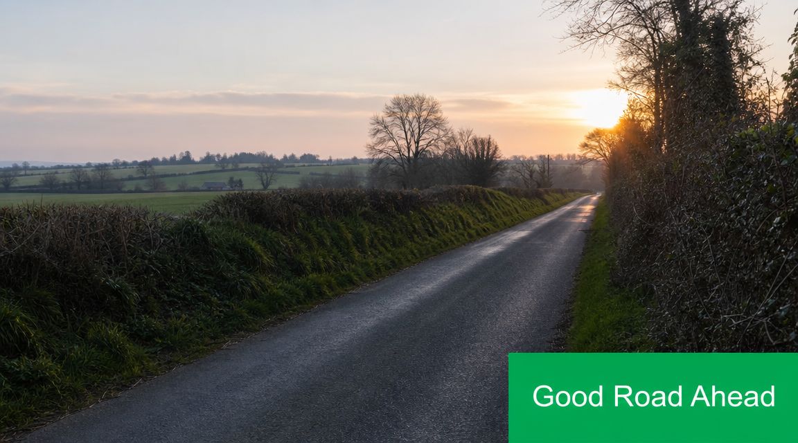 A quiet, scenic rural road stretching through green countryside during a beautiful golden hour sunset.