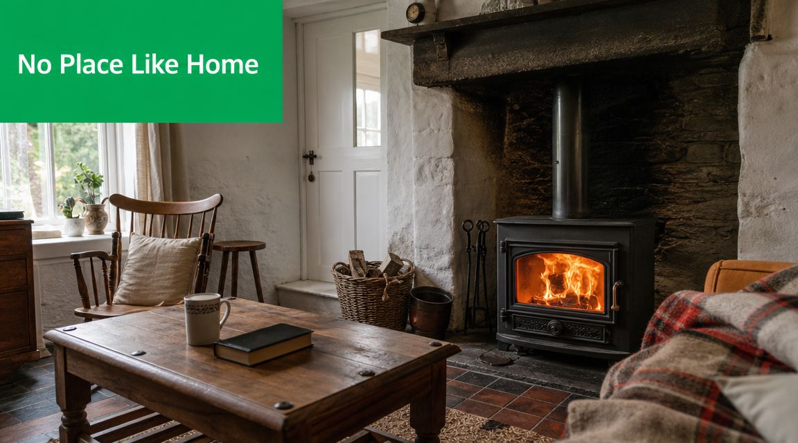 A cozy, rustic living room featuring a wood-burning fireplace, a wooden table with a book, and comfortable seating.