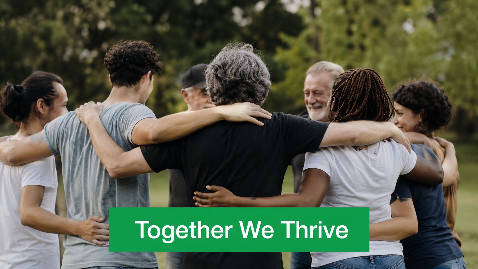 A diverse group of people standing in a circle with their arms around each other in solidarity.