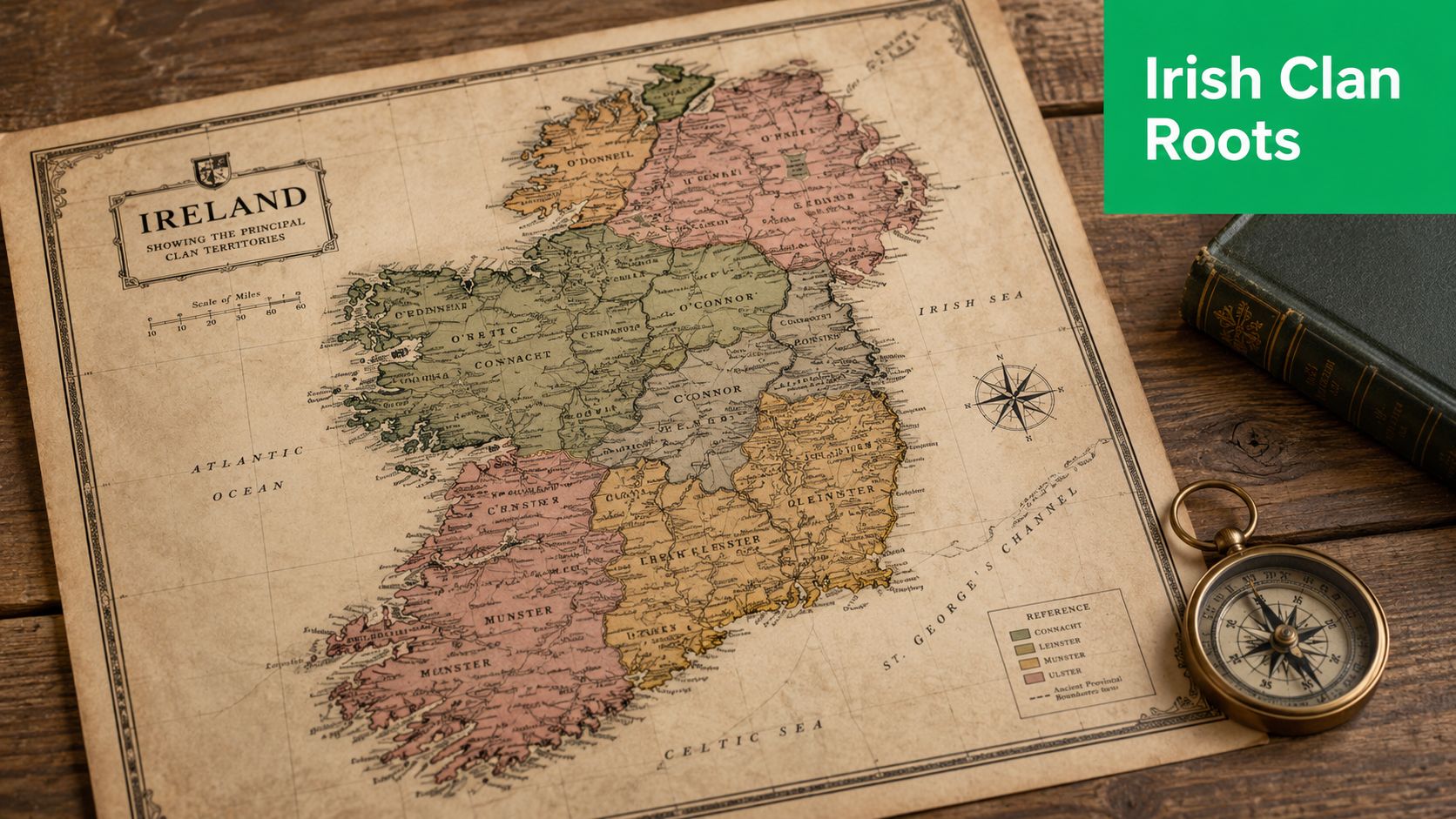 An antique-style map of Ireland on a wooden table, depicting historical clan territories and provinces.