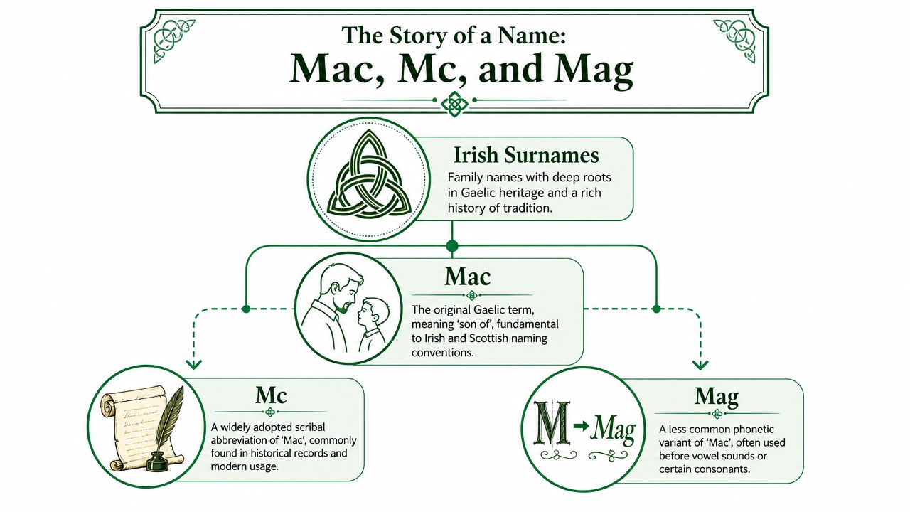 An infographic detailing the history and meaning of Irish surnames starting with Mac, Mc, and Mag.