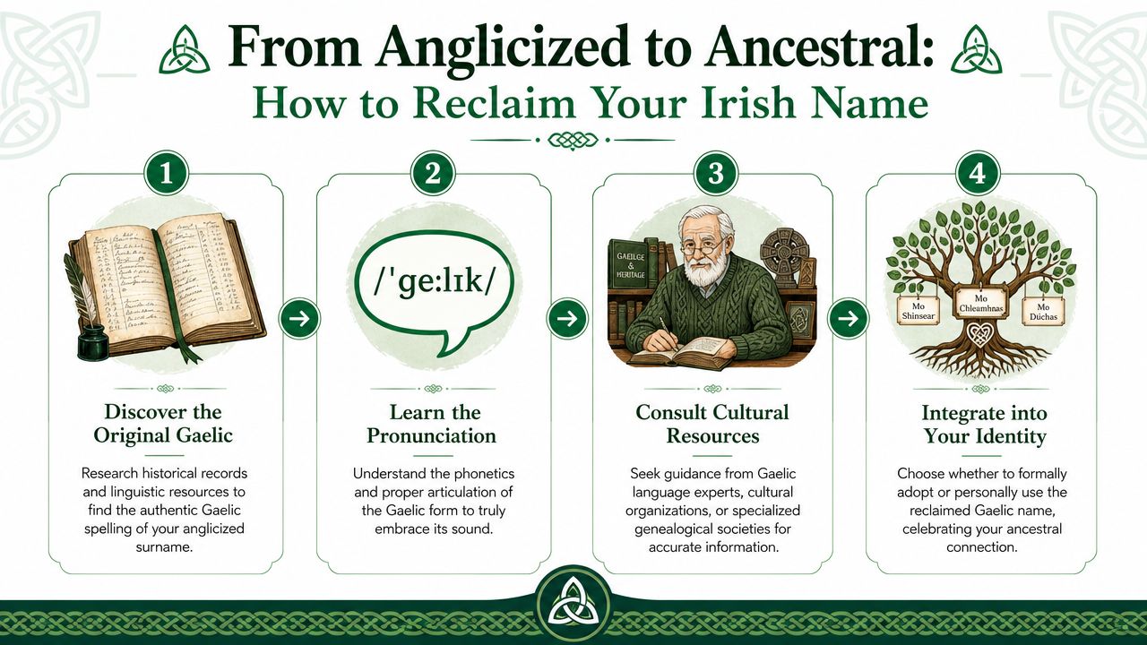 An infographic titled From Anglicized to Ancestral explaining four steps to reclaiming an authentic Irish surname.