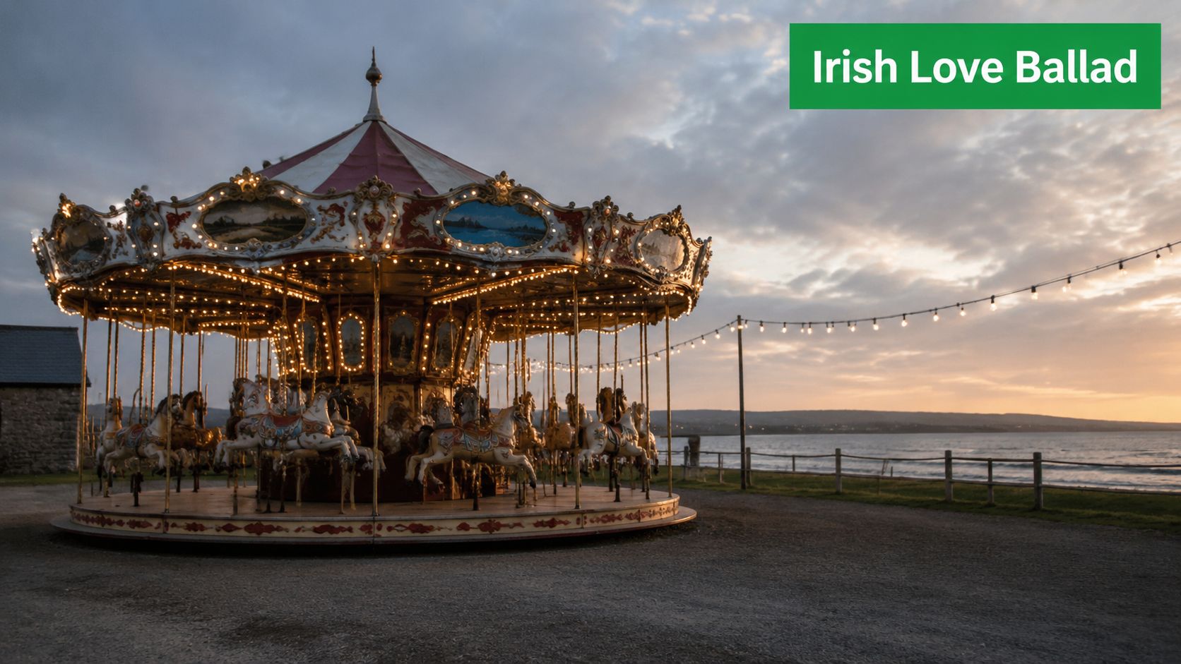 A vintage carousel ride at dusk near the seaside, with sunset light reflecting off the water.