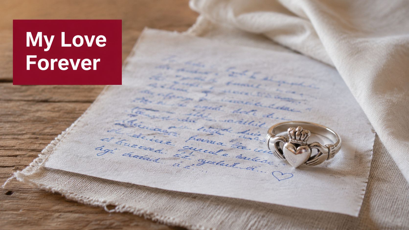 A silver Claddagh ring resting on a handwritten note placed on a wooden table surface.