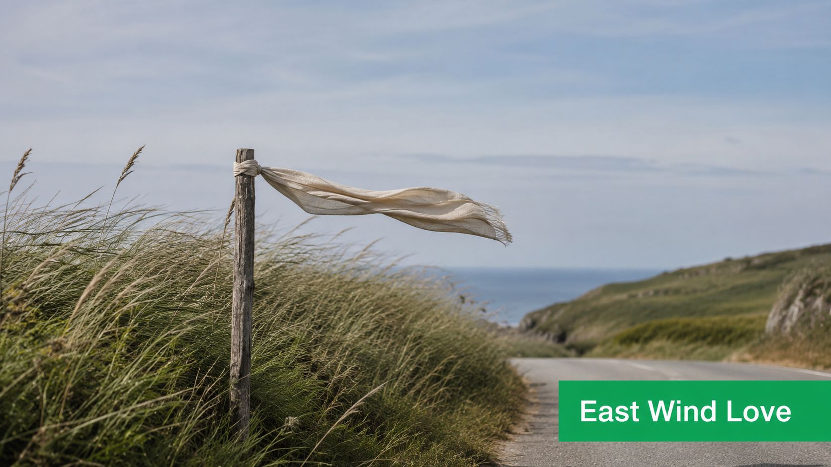 A scenic Irish coastal road with a fluttering fabric flag tied to a wooden post in the grass.