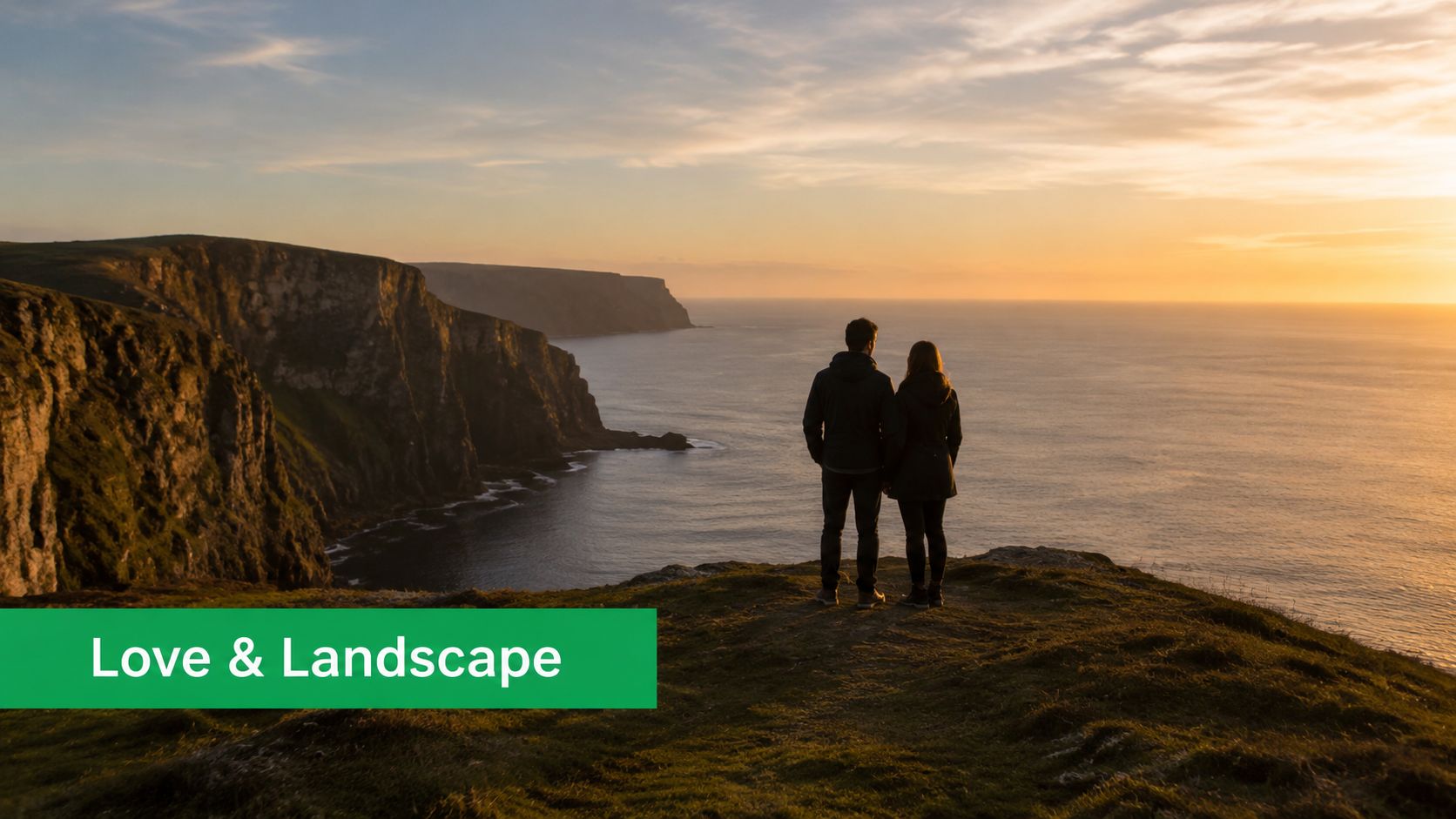 A couple standing on a grassy cliff looking out at the ocean during a golden sunset.
