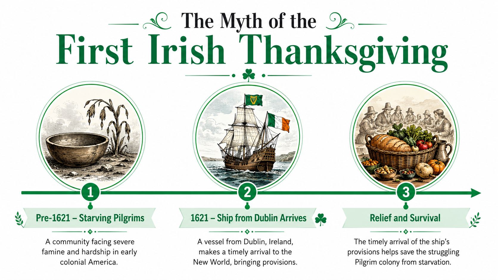An infographic depicting the myth of the first Irish Thanksgiving with a timeline of events.