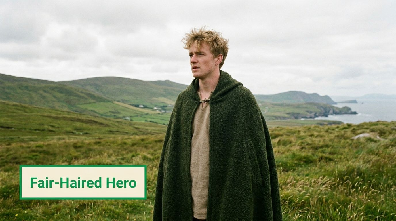 A fair-haired young man wearing a green hooded cloak standing in a vast, scenic Irish coastal landscape.