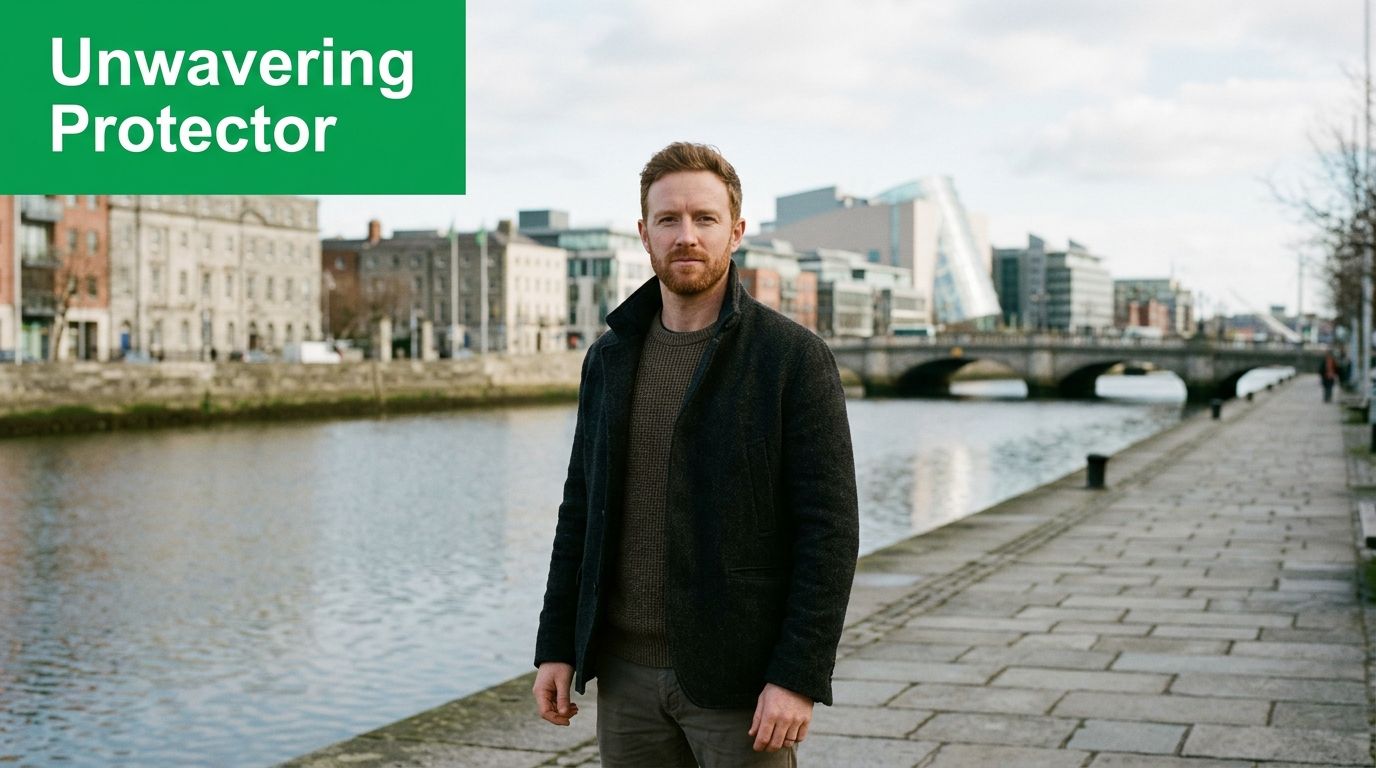 A man with red hair standing by the river Liffey in Dublin, wearing a dark coat and sweater.