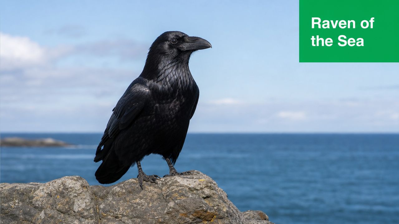 A majestic black raven perched on a rocky cliff overlooking the blue ocean on a sunny day.