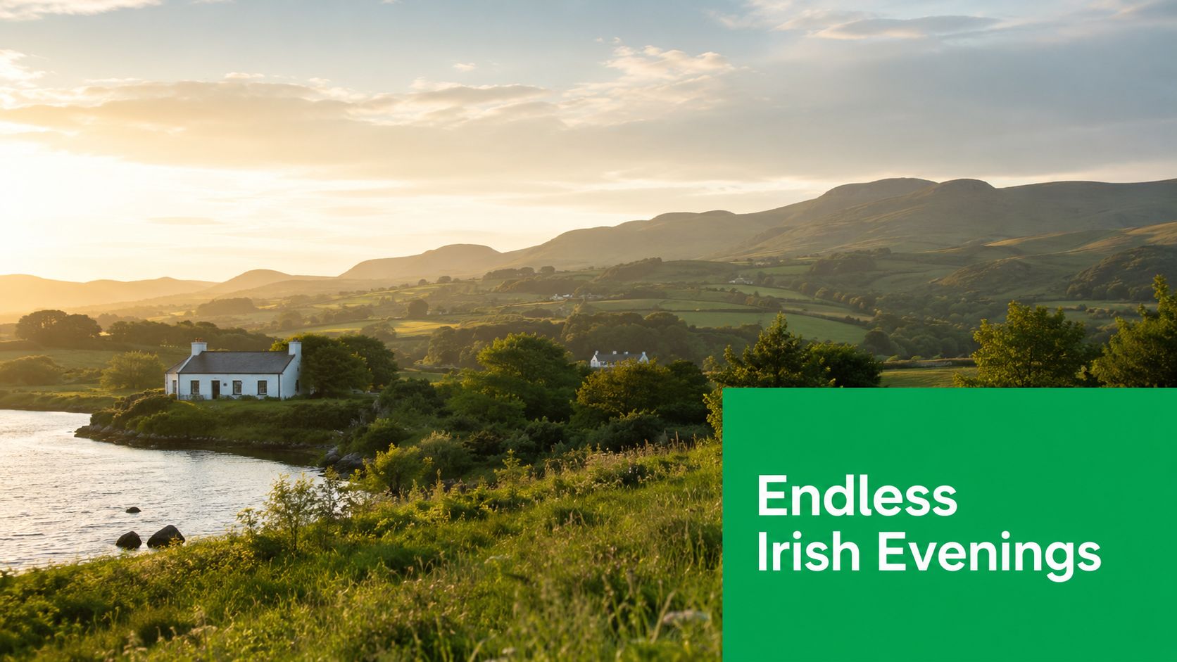 A scenic view of a white cottage by a lake at sunset in the Irish countryside.