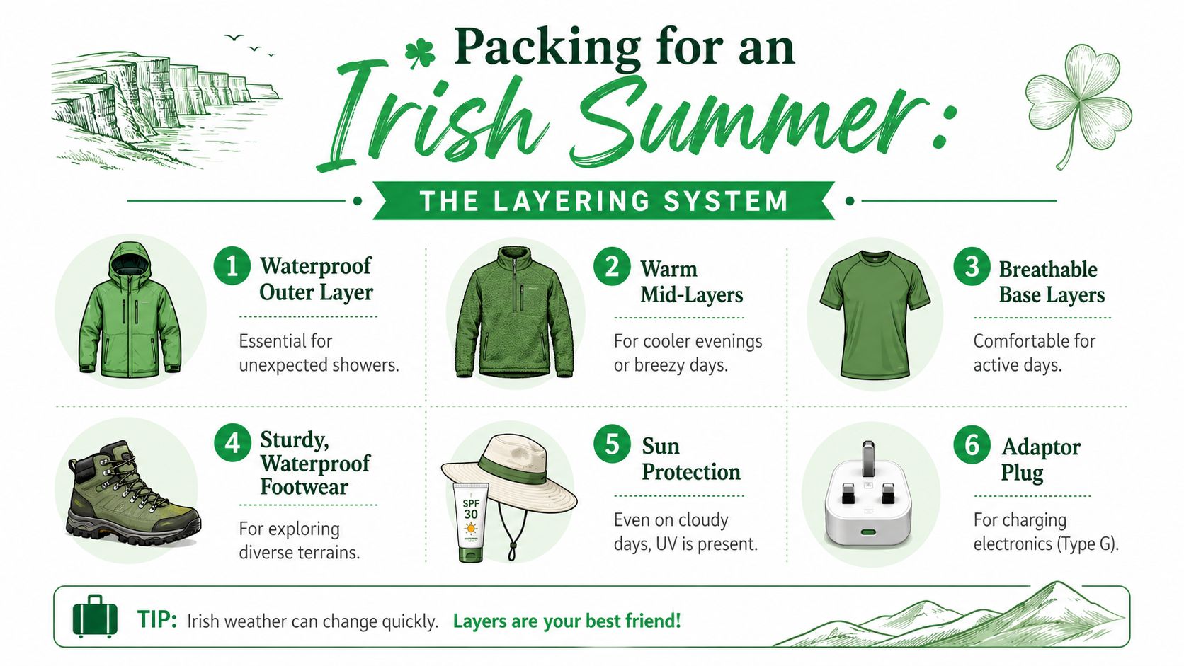 An infographic showing essential items to pack for a trip to Ireland, emphasizing layered clothing.