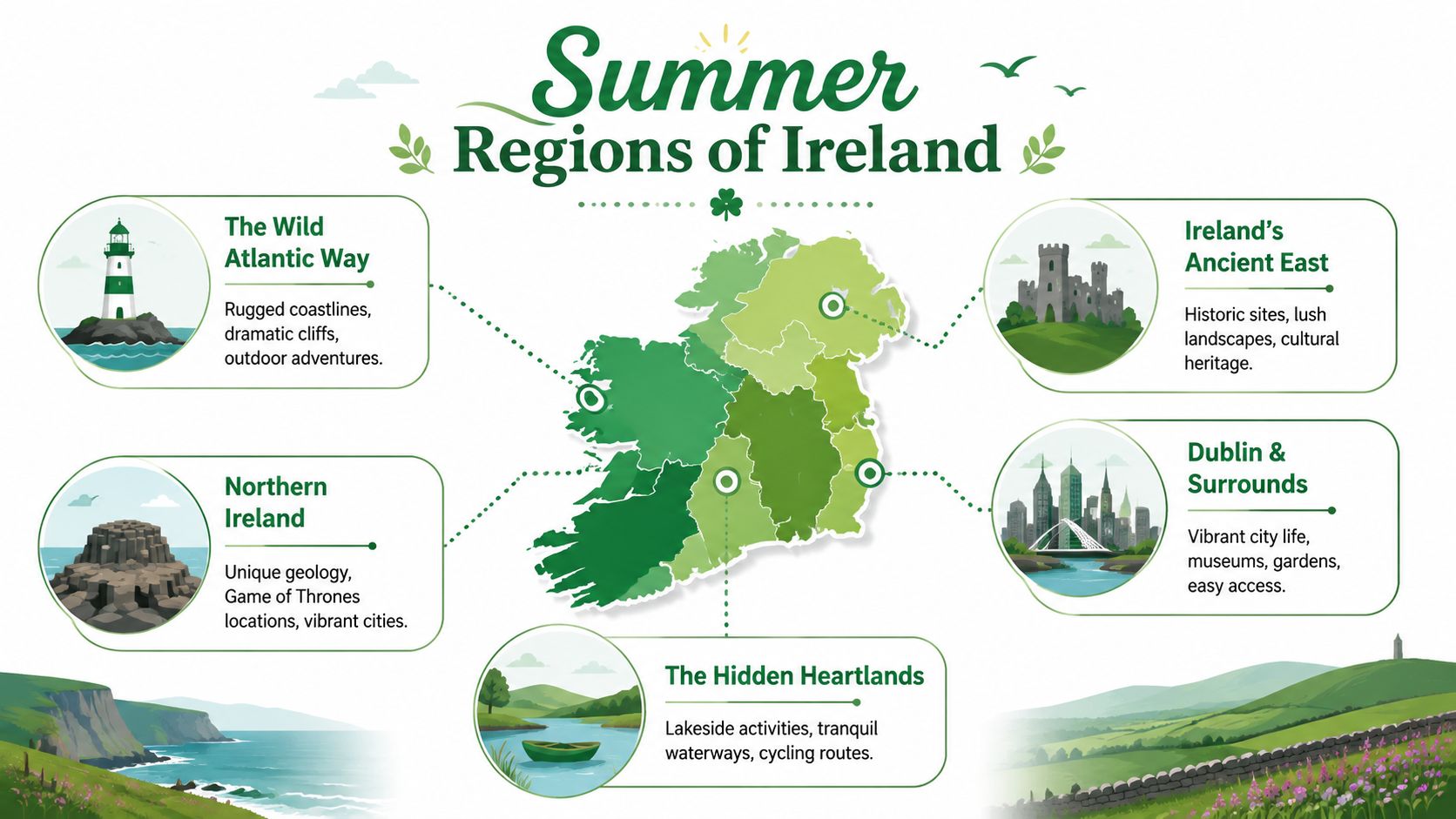 A map of Ireland highlighting five key summer tourist regions with descriptive icons and text.