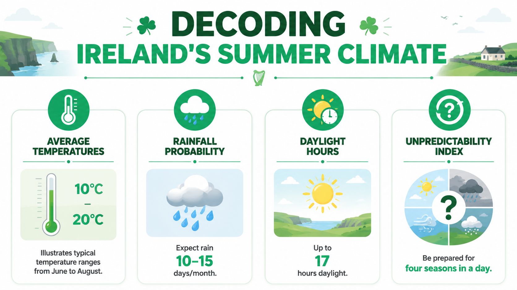 An infographic titled Decoding Ireland's Summer Climate displaying average temperatures, rainfall, daylight hours, and weather unpredictability.