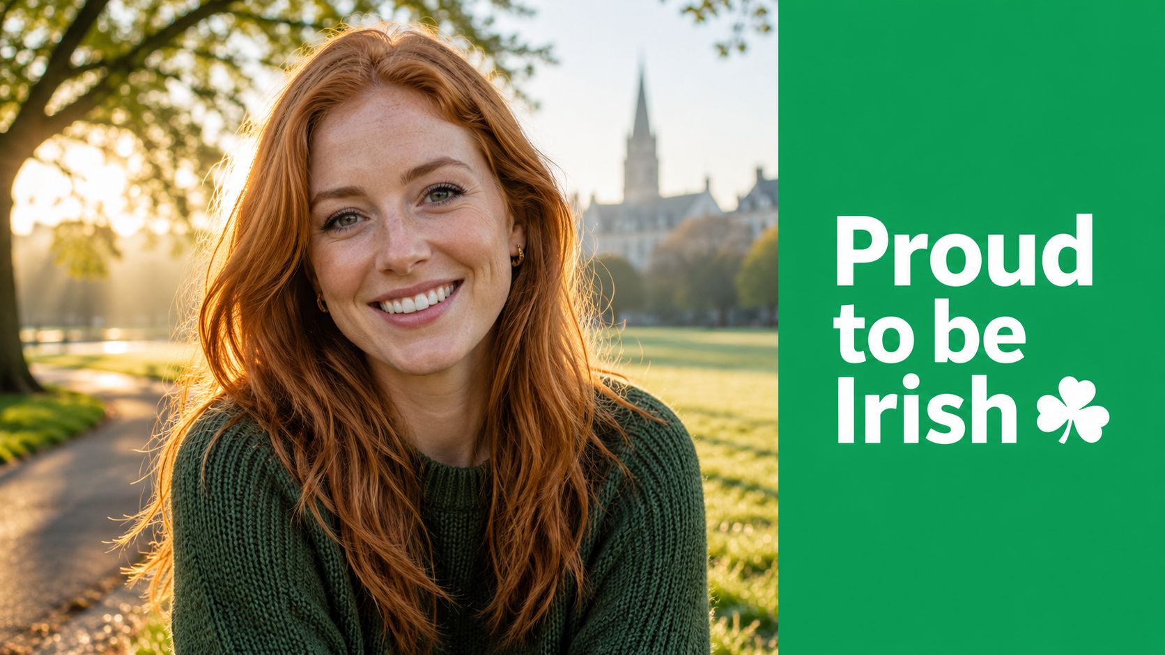 A smiling Irish woman in a park, with the Irish Gaelic phrase 'Maidin mhaith' (Good morning) overlaid.