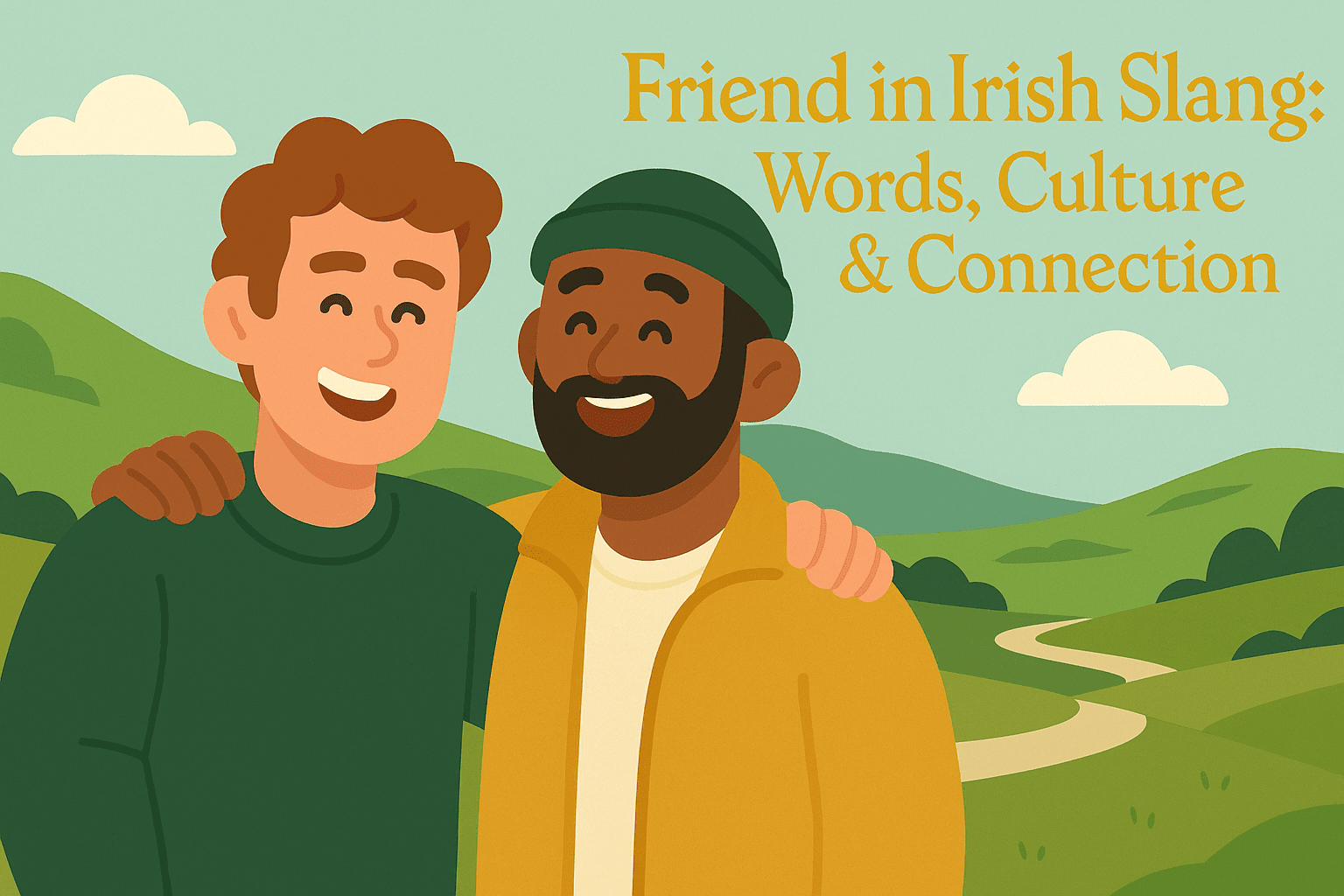 Cartoon-style illustration, showing two smiling friends with arms around each other in the Irish countryside. Bold golden text on the right reads: “Friend in Irish Slang: Words, Culture & Connection.