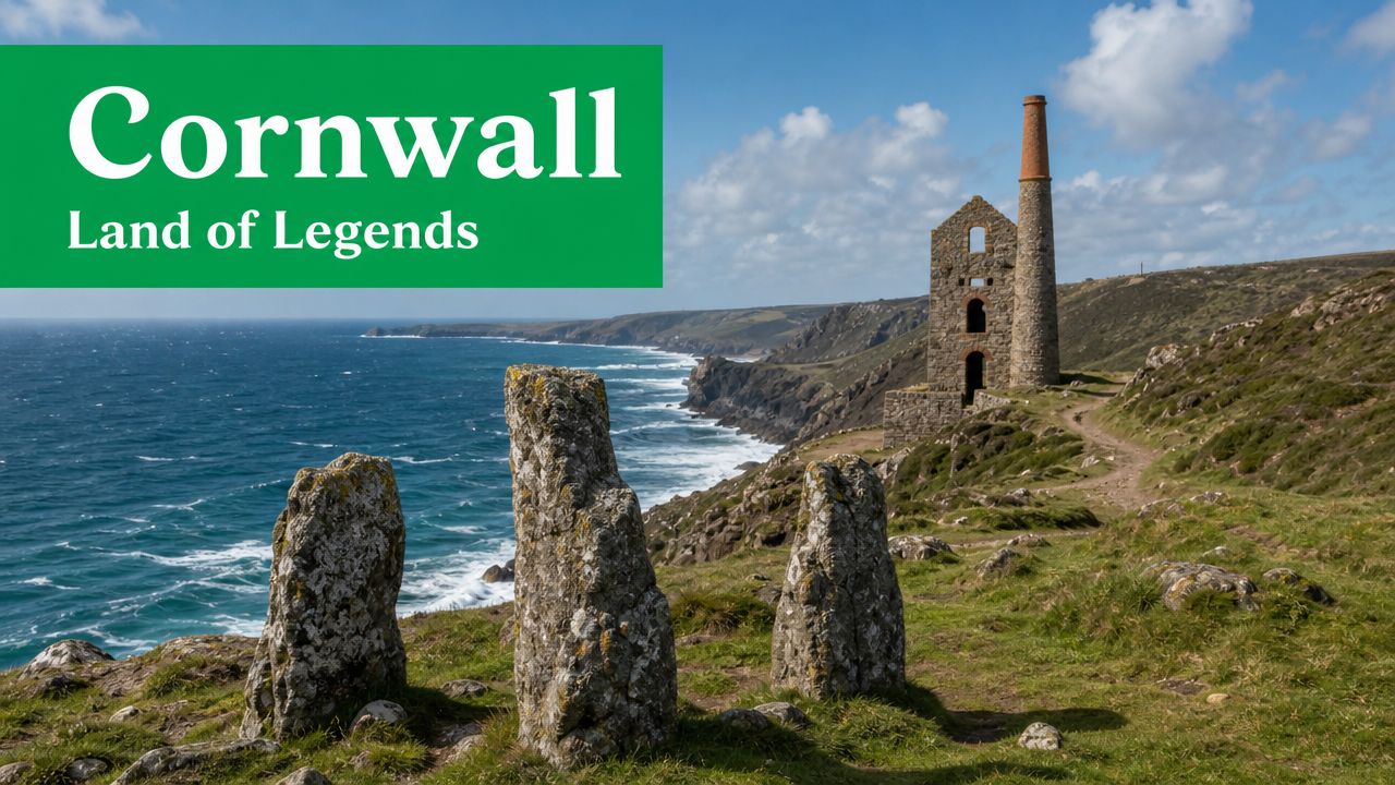 A photograph of a historic tin mine engine house on the cliffs of Cornwall, with ancient standing stones in the foreground overlooking the sea.