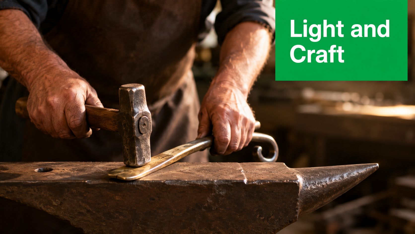 A blacksmith shaping a piece of metal on an anvil with a hammer in a workshop.