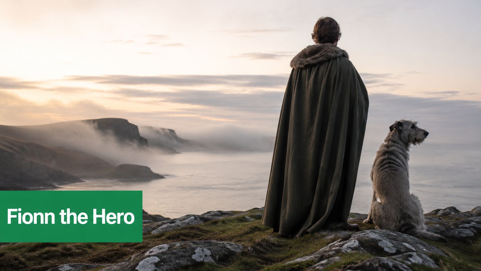 A man in a green cloak stands with a large dog overlooking a misty ocean cliff.