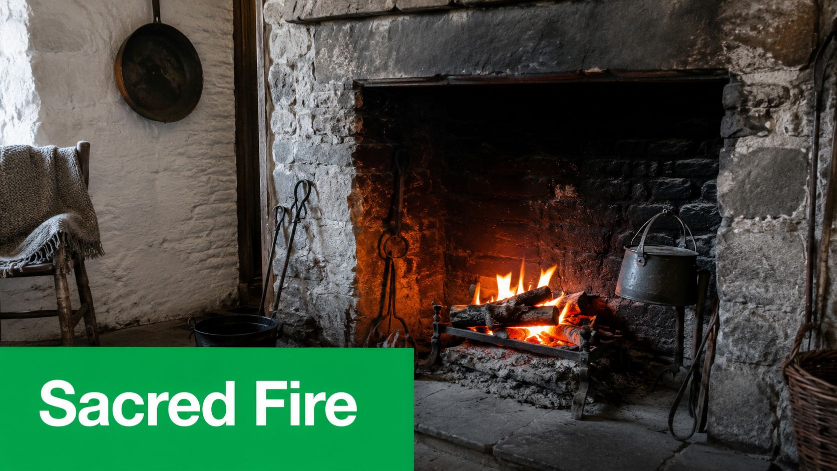 A rustic stone fireplace with a glowing fire, cast iron pots, and ancient interior decor.