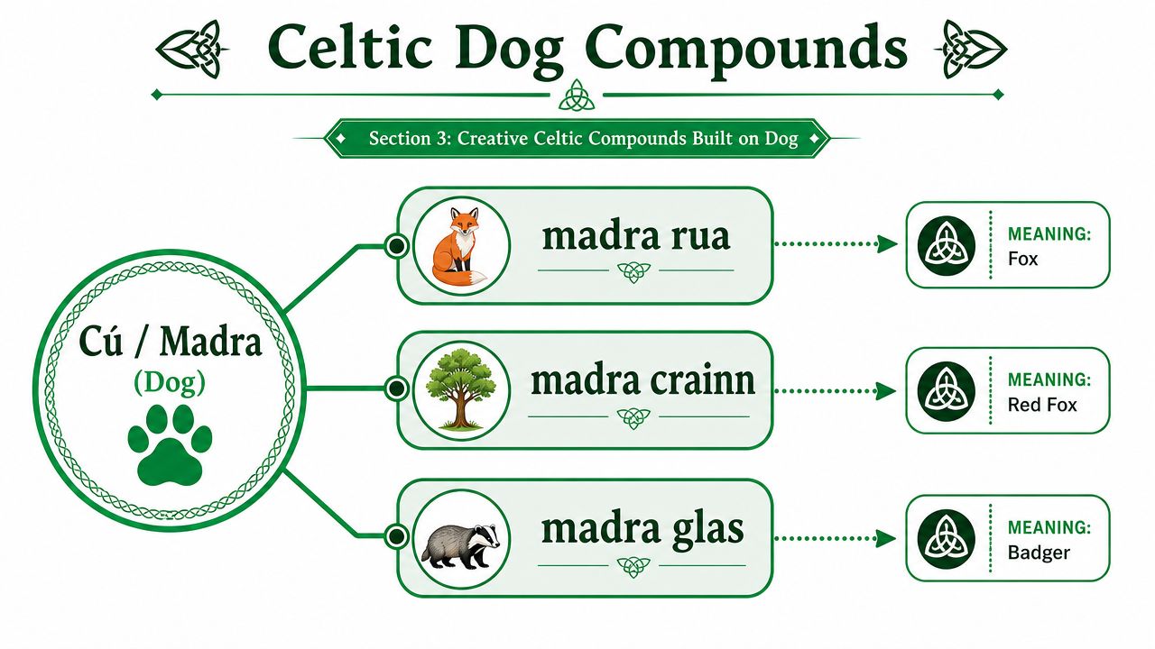 An educational chart illustrating Irish Gaelic compound words featuring the word for dog, including fox and badger.