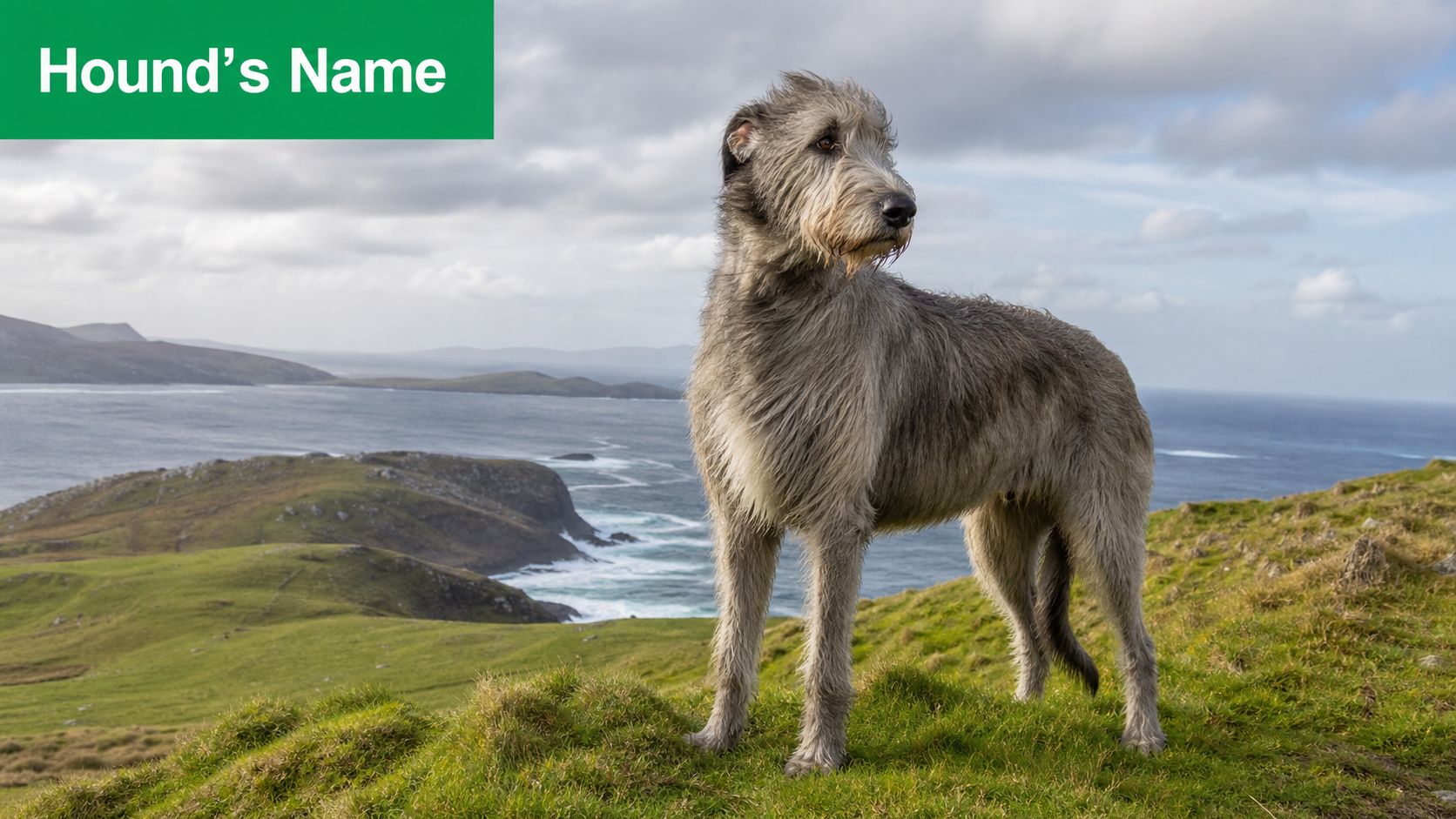 A majestic Irish Wolfhound standing on a grassy cliff overlooking the ocean with a scenic landscape.