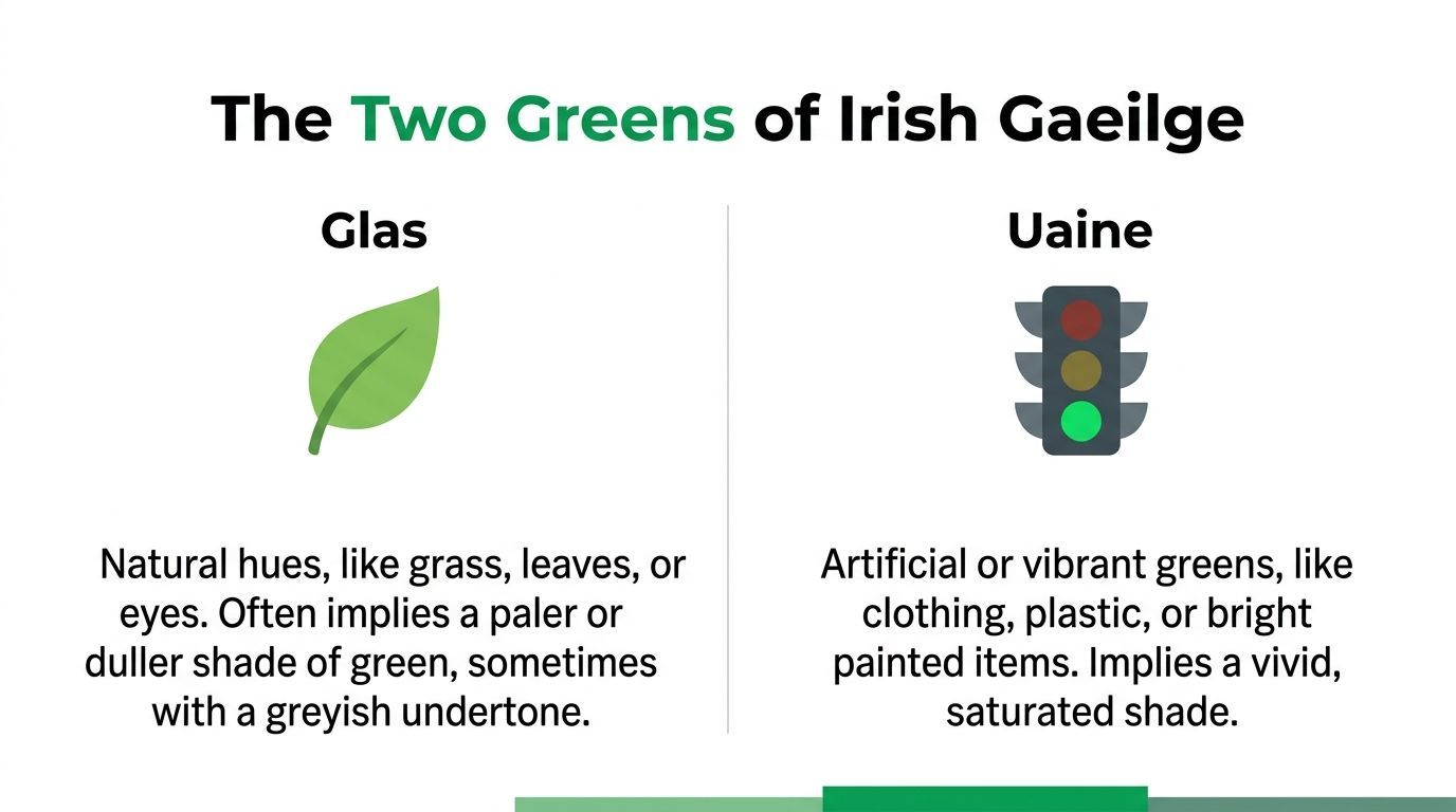 A diagram explaining the distinction between the words Glas and Uaine for the color green in Irish.
