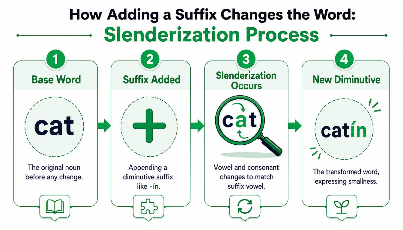 An infographic showing the four-step process of adding a diminutive suffix to create Irish language diminutives.