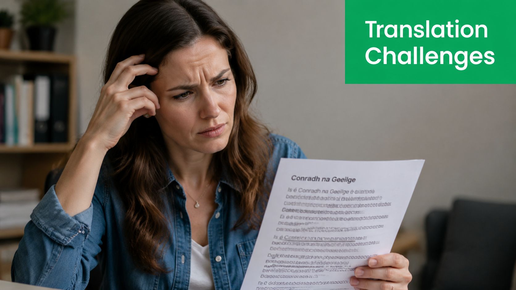 A confused woman looking at a document labeled Conradh na Gaeilge in a home office setting.