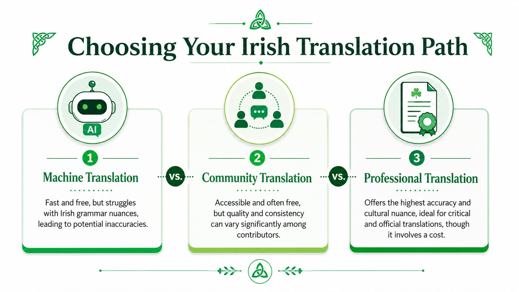 An infographic titled Choosing Your Irish Translation Path comparing machine, community, and professional translation services.