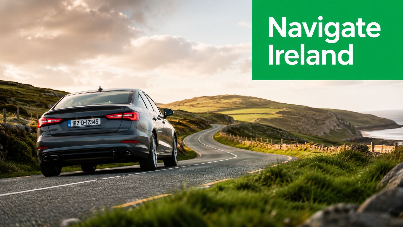A gray car driving along a scenic winding road through the beautiful green Irish countryside.