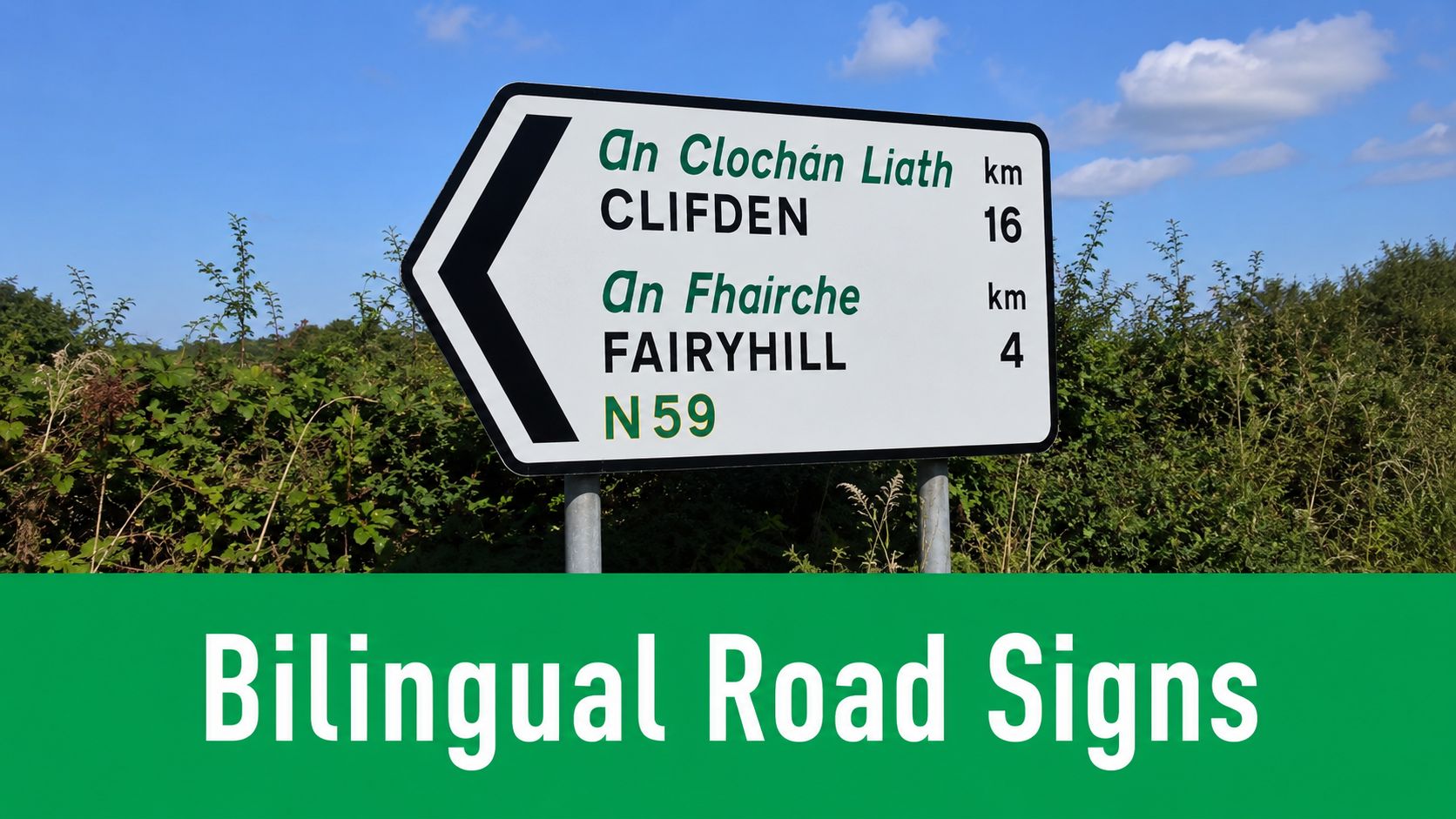 A bilingual road sign in Ireland showing directions to Clifden and Fairyhill with distances in kilometers.