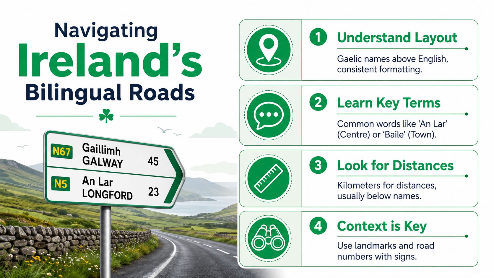 An infographic titled Navigating Ireland's Bilingual Roads with tips on reading bilingual road signs in Ireland.