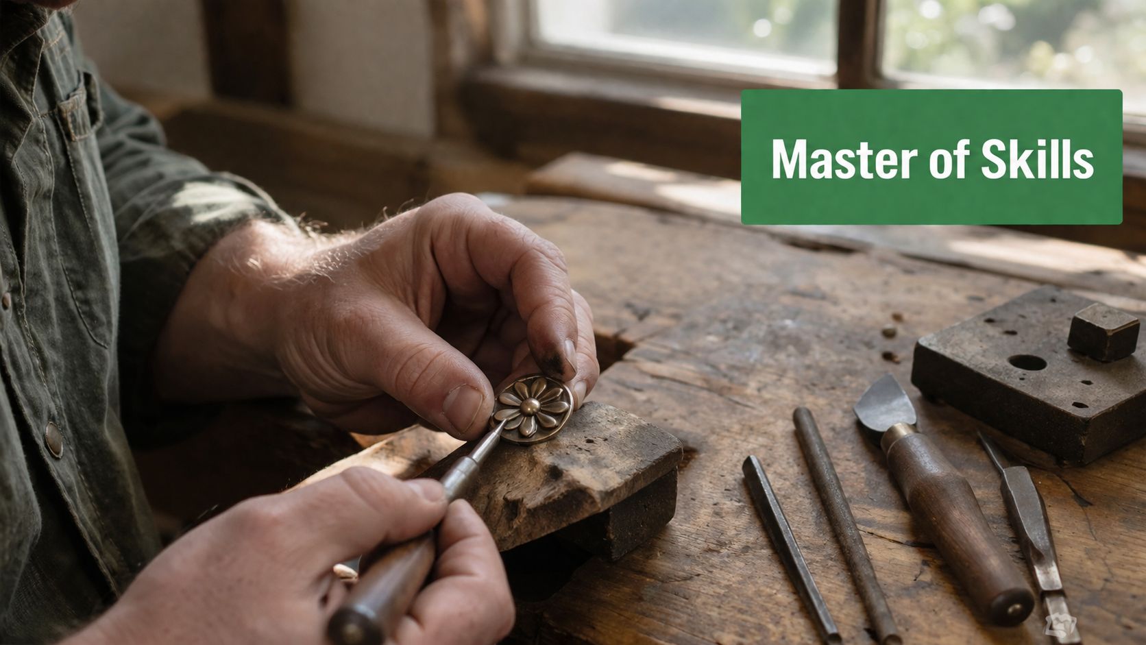 A skilled artisan meticulously engraving a floral design onto a small metal piece at a wooden workbench.