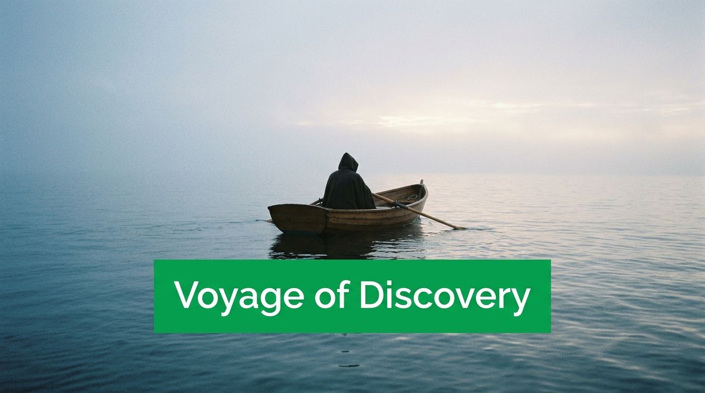 A mysterious figure in a hooded cloak rows a small wooden boat across calm, foggy waters.