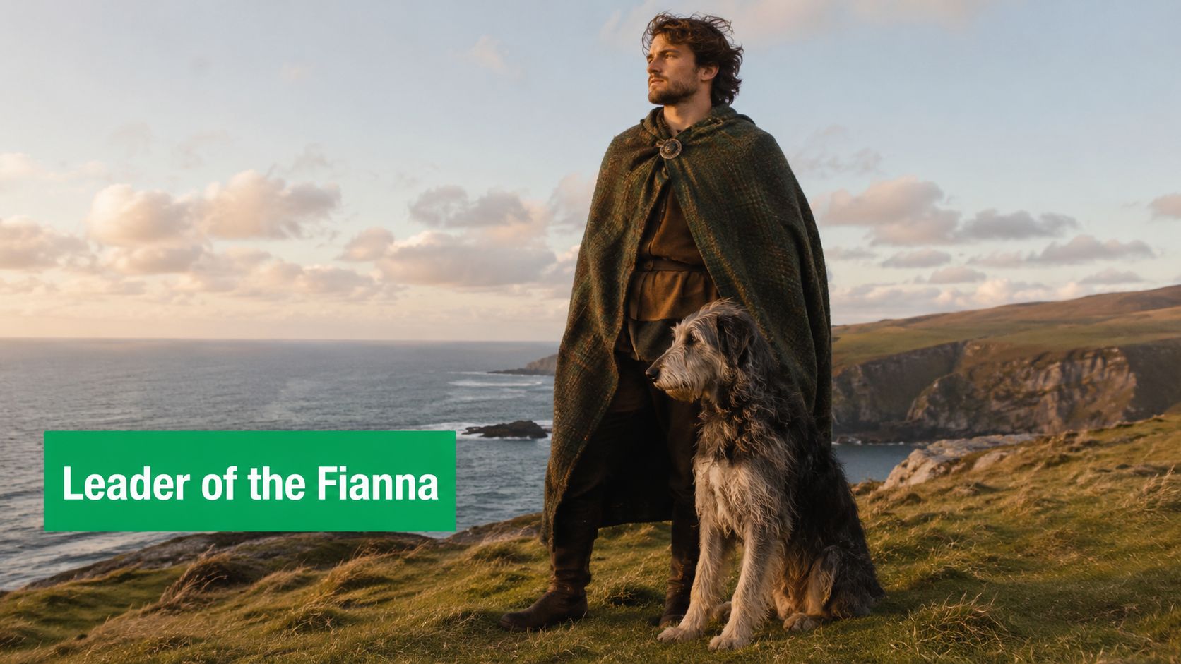 An Irish warrior standing on a grassy cliff with his large wolfhound overlooking the ocean at sunset.